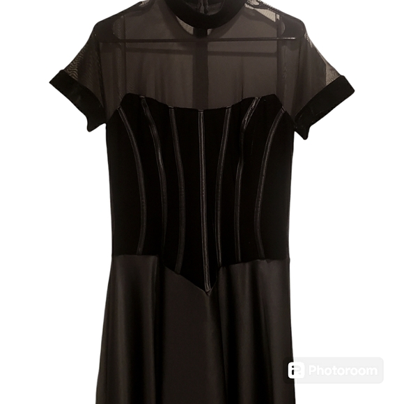 Vintage Tadashi Black Vevlet, Sheer & Pleather Corset Gown Size 16 - Picture 2 of 14